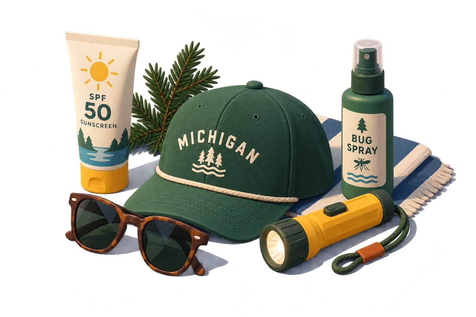 Northern Michigan weekend essentials including sunscreen, bug spray, a cap, sunglasses and a torch