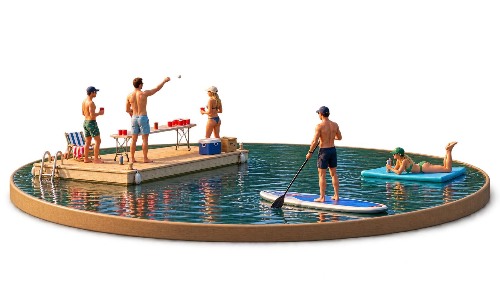 Friends playing games and relaxing together on a lakeside dock