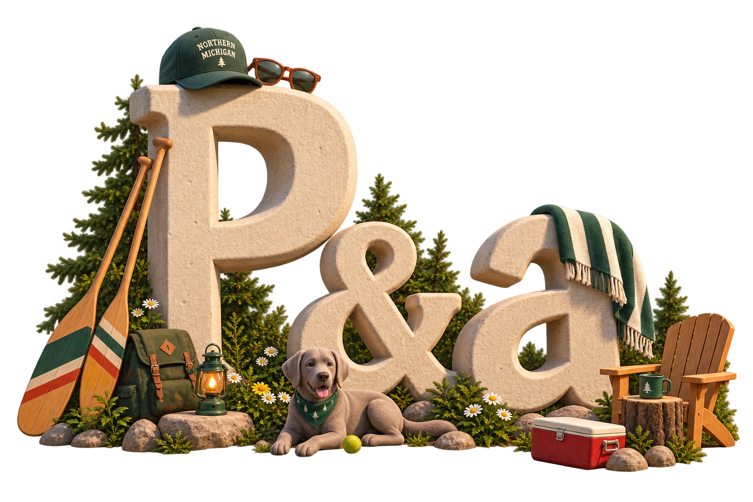 P and A letters surrounded by Northern Michigan camp keepsakes and a friendly dog