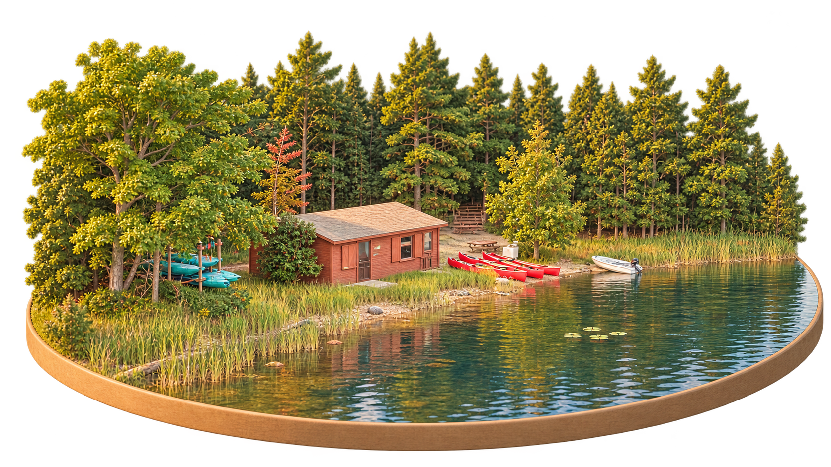 A miniature lakeside camp scene with a cabin, canoes and forest